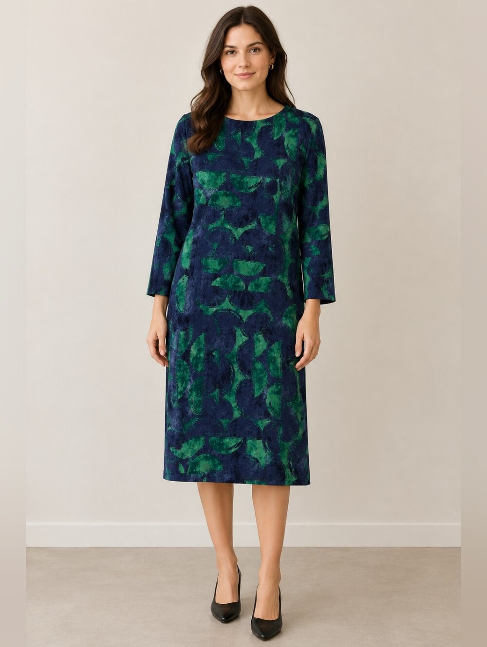 Chico's Blue & Green Leaf-Pattern Long Sleeve Shift Dress Sz S New